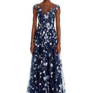 Teri Jon Navy Blue Floral Embroidered Maxi Gown